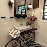 A bathroom with a bicycle